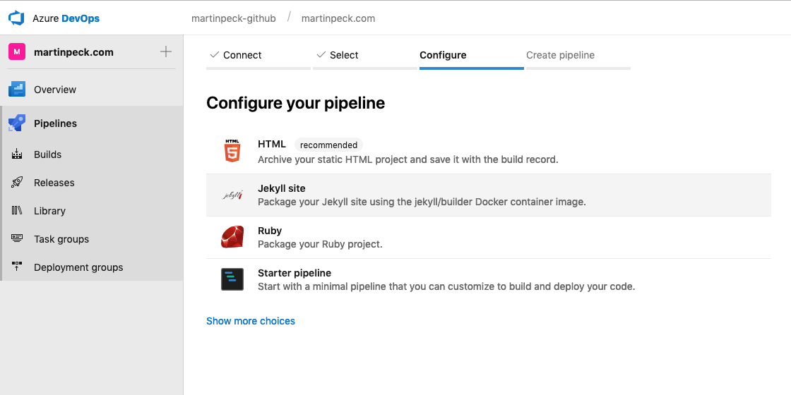 Azure DevOps offers a Jekyll site template pipeline