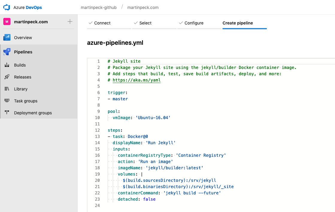 Azure DevOps offers a Jekyll site template pipeline